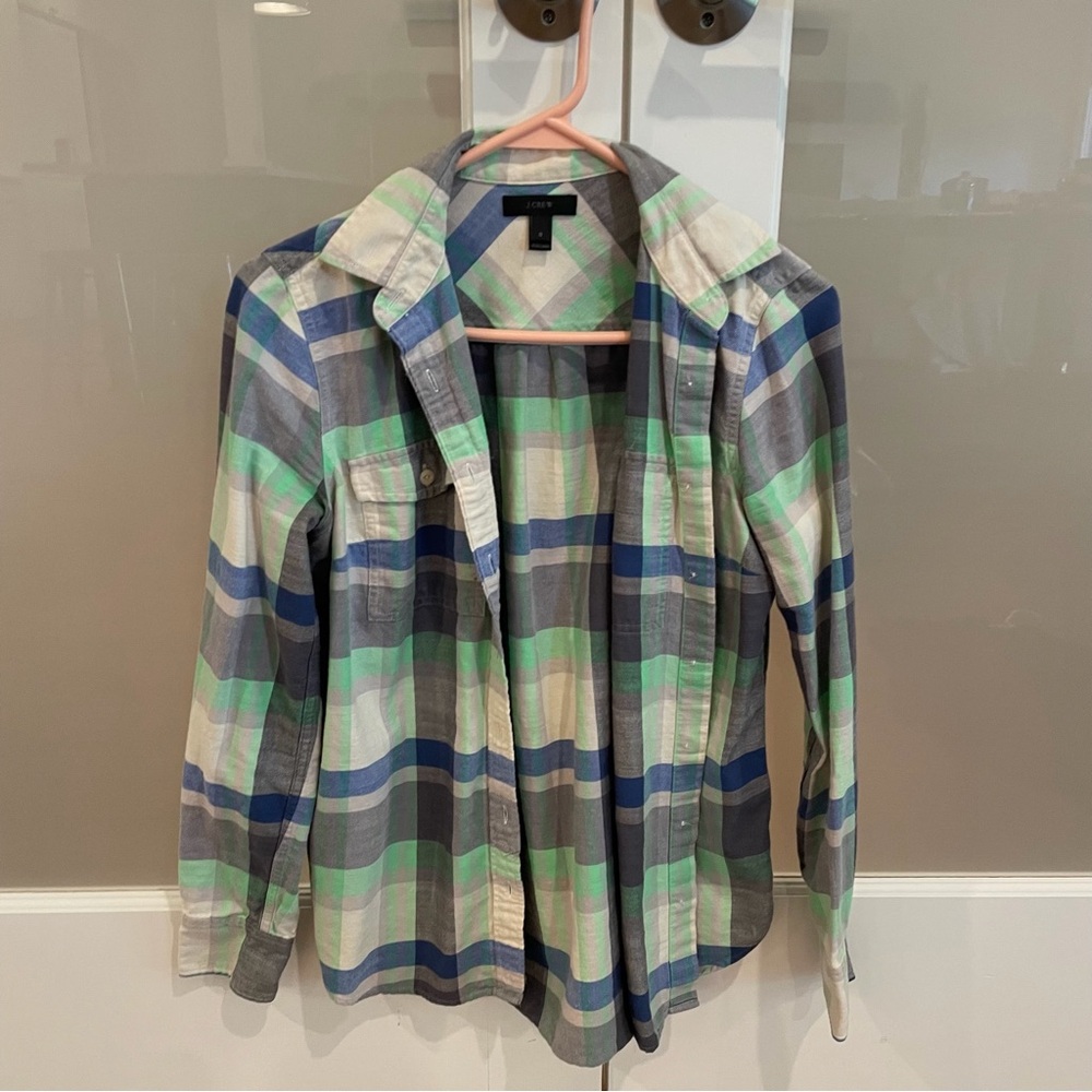 J. Crew Green, Blue and Cream Plaid Button-Down Flannel Shirt